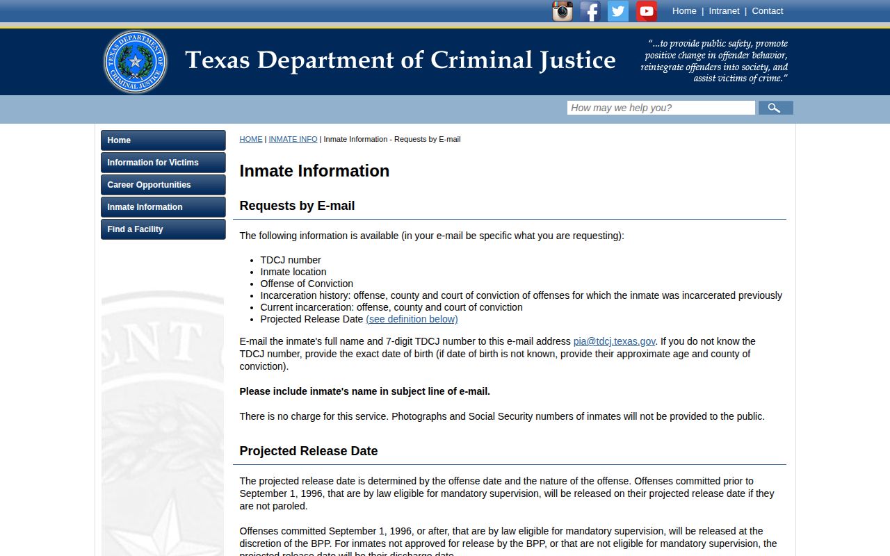TDCJ projected release date information for Tom Green County cases