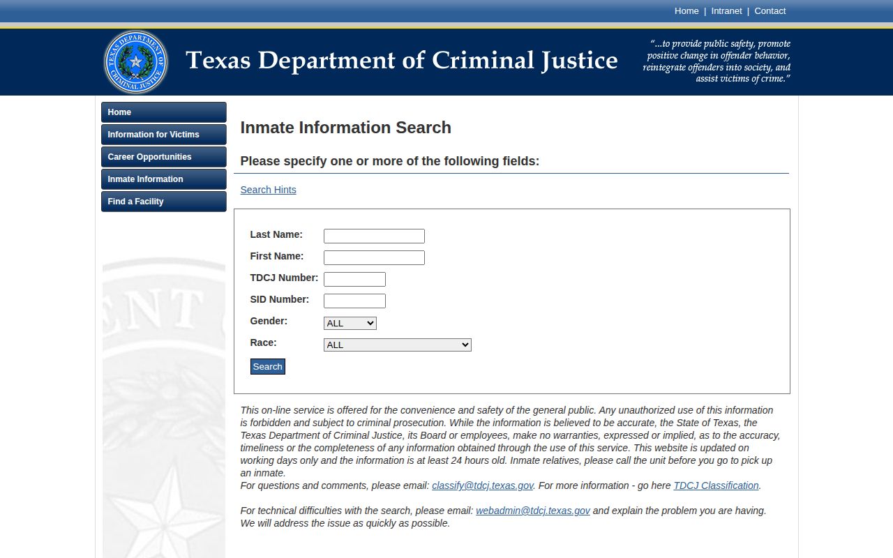 Tom Green County released inmate TDCJ offender search form