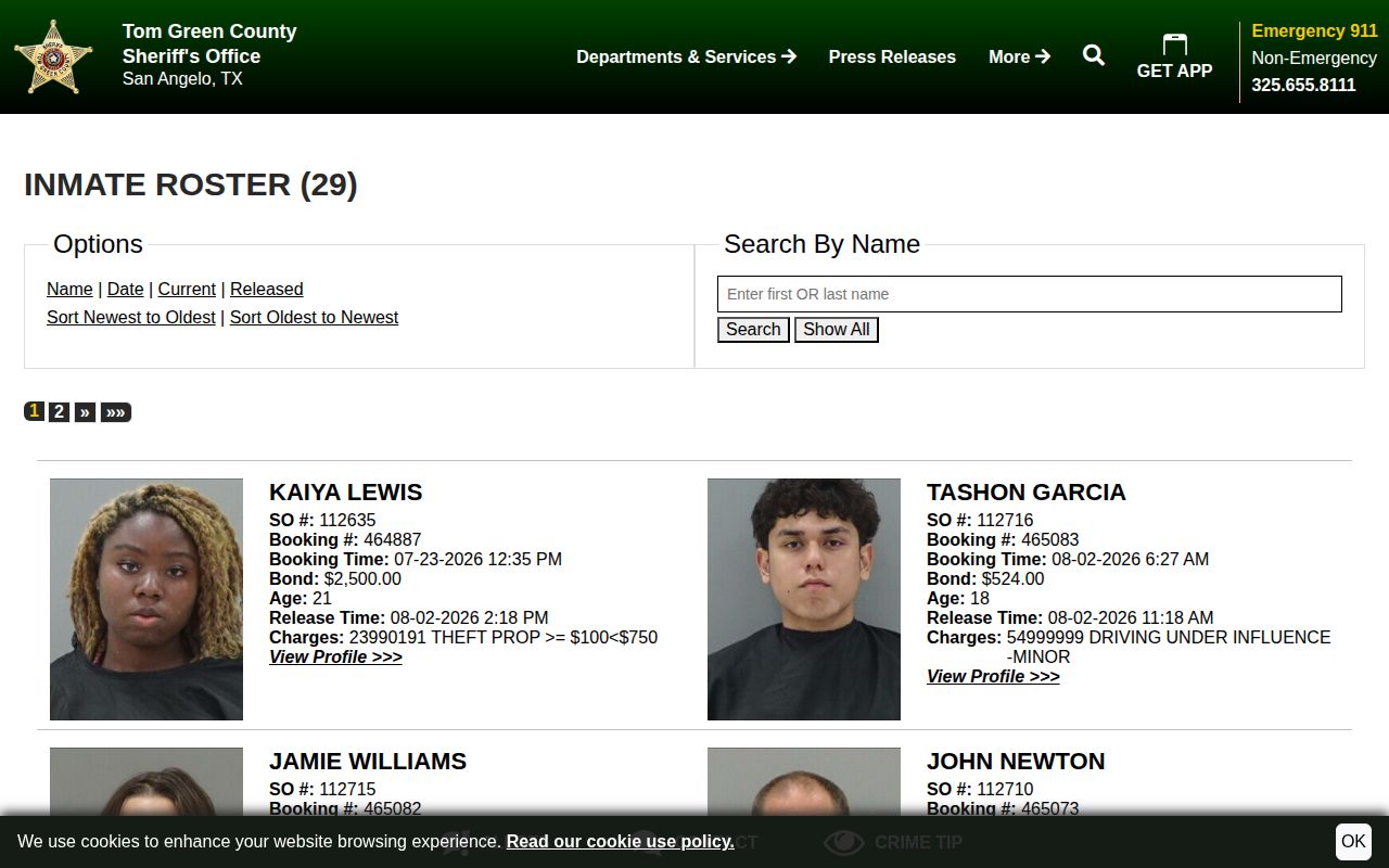 Tom Green County released inmate mugshot roster from the Sheriff